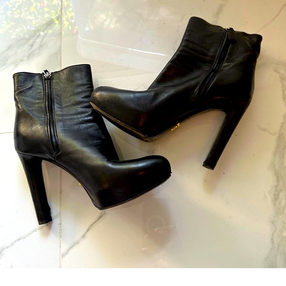 PRADA High Heel Leather Platform Ankle Boots Almond Toe in Black Women's 36.5 - Picture 1 of 14